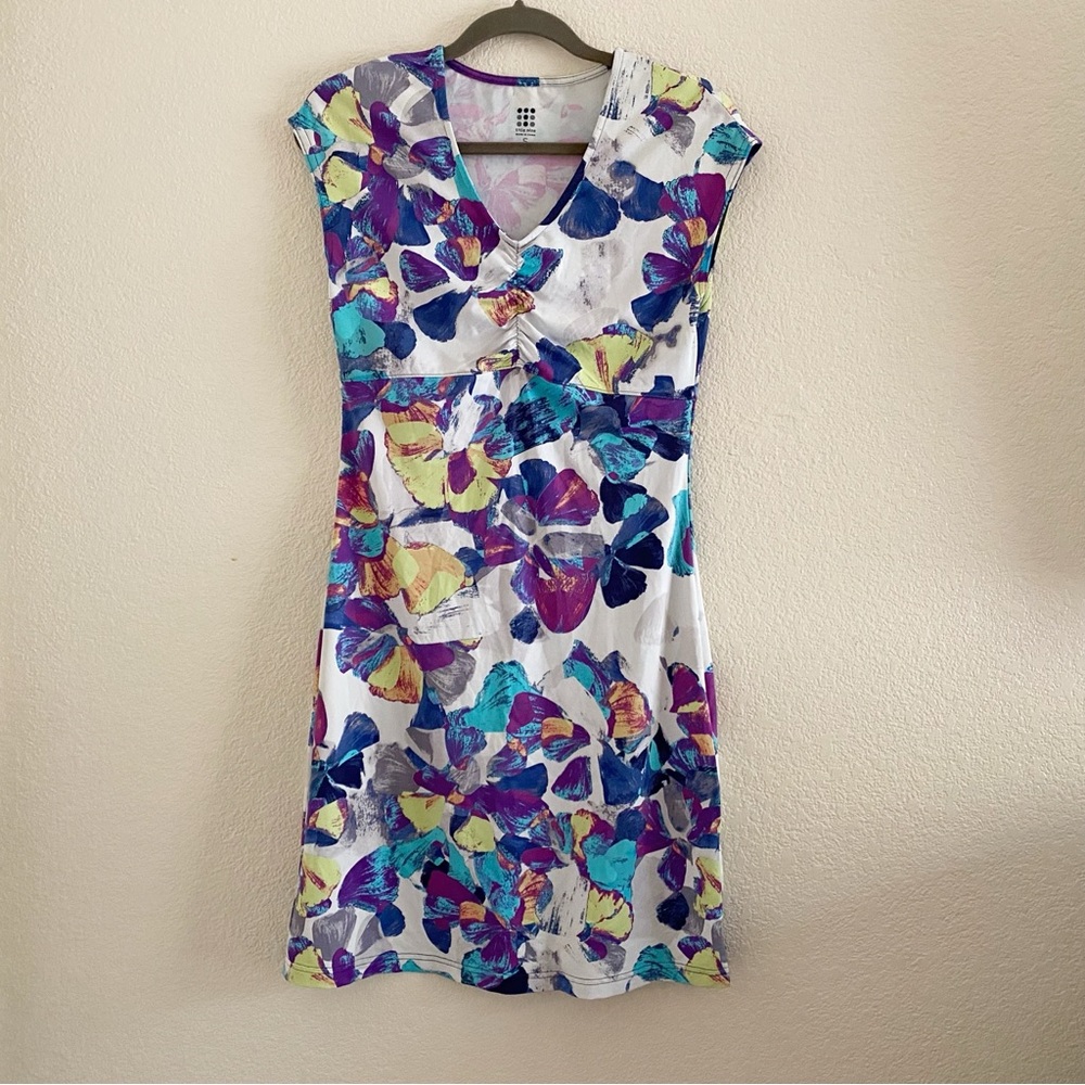 Title Nine Ruched V Neck Cap Sleeve Mini Dress Floral
